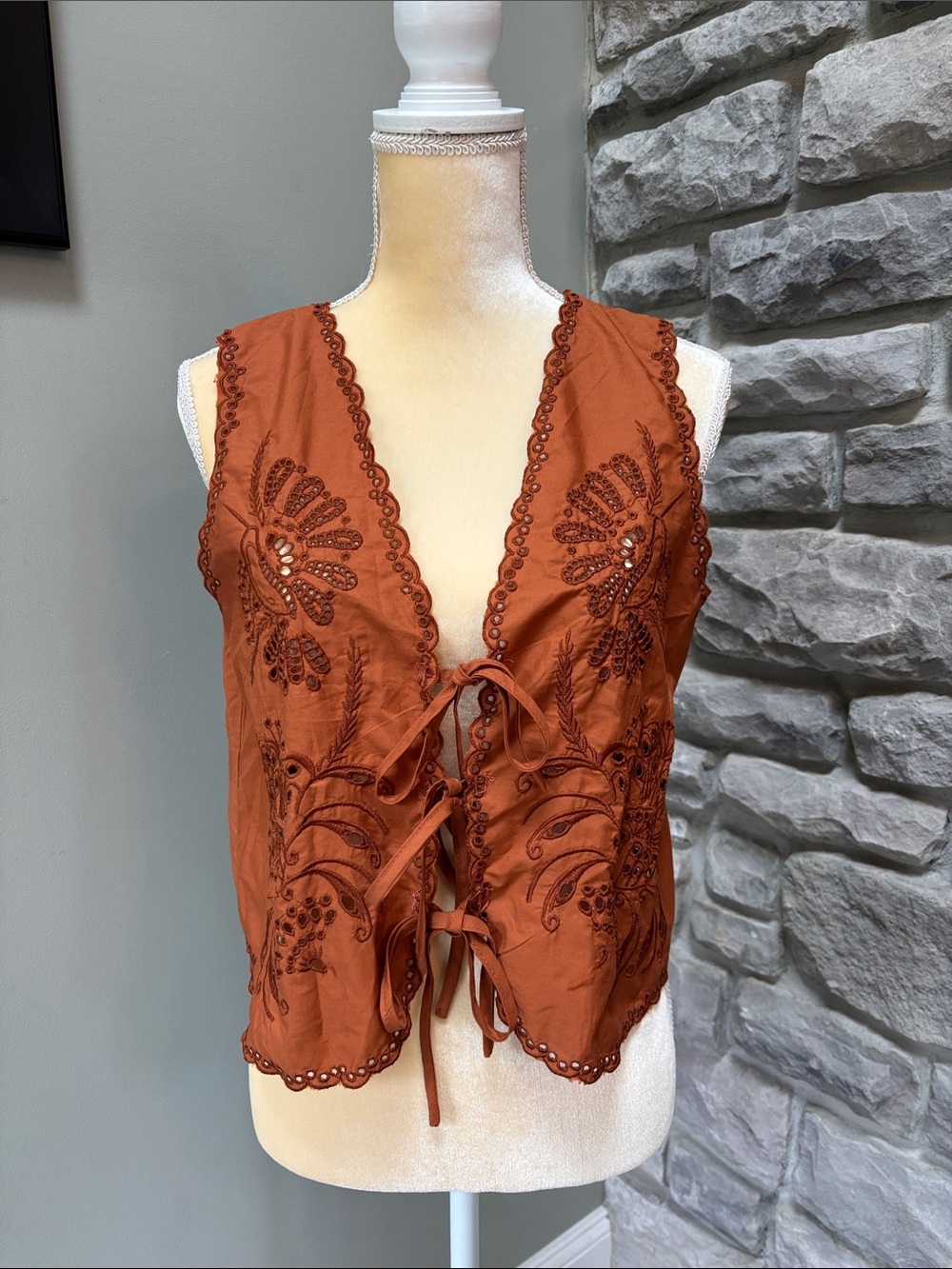 Rust Embroidered Tie-Front Women's Vest Top, M
